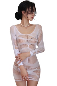 Lenjerie sexy, o piesa, rochie scurta, maneci lungi, model senzual, tematica romantic lover, alba