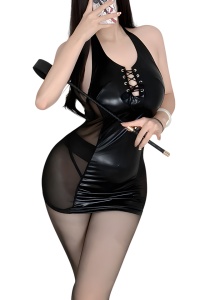 Lenjerie sexy, set 2 piese, rochie si chilot decupaj tanga, model semitransparent pe parti si cu corset la decolteu, tematica party night, negru