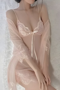 Lenjerie sexy, set 3 piese, rochie semitransparenta, chilot decupaj tanga si cover tip halat cu cordon, model delicat si senzual, tematica hot night, roz - Img 3