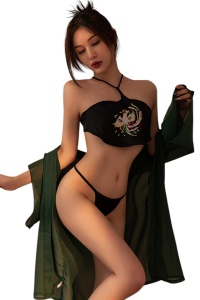 Lenjerie sexy, set 3 piese, sutien indraznet, chilot decupaj tanga si cover semitransparent tip chimono, model senzual, tematica make me fly, verde