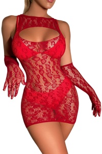 Lenjerie sexy tip rochie scurta, accesorizata cu manusi, rosie
