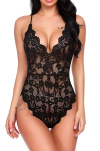 Lenjerie tip body sexy, dantela, spate X, negru