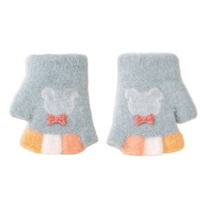 Manusi copii, model cu degetele dezgolite colorate, imprimeu iepuras cu fundita, tematica fashion winter, unisex, marime 1 – 3 ani, turcoaz