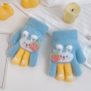 Manusi copii, model cu manseta elastica si iepuras, accesorizate cu o capsunica, tematica little bunny, unisex, marime 3 – 8 ani, albastre - Img 2