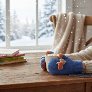 Manusi copii, model cu un singur degetel si snur, manseta elastica, accesorizate cu figurine vesele, tematica happy winter, unisex, marime 1 – 3 ani, albastru deschis - Img 2