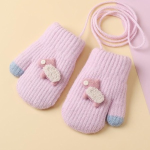 Manusi copii, model cu un singur degetel si snur, manseta elastica, accesorizate cu figurine vesele, tematica happy winter, unisex, marime 1 – 3 ani, mov - Img 3