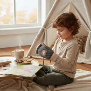 Manusi copii, model dragut cu un singur degetel si snur, manseta elastica, accesorizate cu figurine vesele, tematica happy winter, unisex, marime 3 – 8 ani, gri - Img 2
