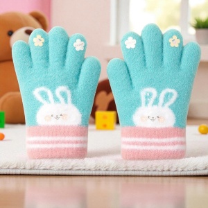 Manusi copii, model pufos cu manseta elastica, accesorizate cu iepuras si floricele, tematica happy bunny, unisex, marime 3 – 5 ani, turcoaz - Img 3