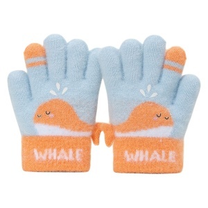 Manusi copii, model vesel cu balenuta, manseta elastica si detalii de contrast pe degete, tematica happy whale, unisex, marime 3 – 5 ani, albastre cu portocaliu