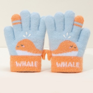 Manusi copii, model vesel cu balenuta, manseta elastica si detalii de contrast pe degete, tematica happy whale, unisex, marime 3 – 5 ani, albastre cu portocaliu - Img 3