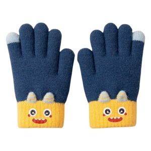 Manusi copii, model vesel, manseta accesorizata cu monstrulet, tematica happy little monster, baieti, marime 9 – 12 ani, albastru inchis