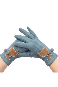 Manusi dama, model delicat cu pisica, accesorizat cu pom pom mic si fundita, tematica fashion cat, marime universala, albastru deschis