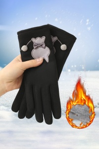 Manusi dama, model delicat cu pisica, accesorizat cu pom pom mic si fundita, tematica fashion cat, marime universala, negre - Img 4