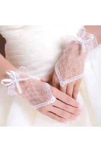 Manusi dama, scurte, prindere pe un deget, accesorizate cu fundinte delicate, model minimalist, tematica fashion style, marime universala, albe - Img 3