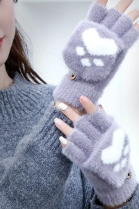Manusi pentru adolescente pana in 18 ani, calduroase, model cu capat decapotabil si prindere cu nasture, tematica winter cat, marime universala, gri - Img 2