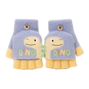 Manusi pentru copii, model cu degetele descoperite si capac decapotabil, prindere cu nasturel, accesorizate cu dinozaur, tematica crazy dino, unisex, marime 3 – 5 ani, albastru deschis
