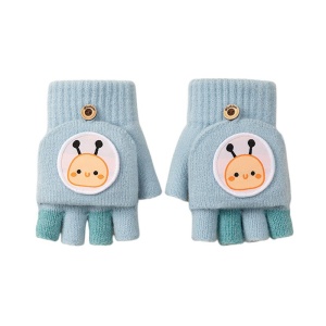 Manusi pentru copii, model cu degetele descoperite si capac decapotabil, prindere cu nasturel, accesorizate cu figurine vesele, tematica happy day, unisex, marime 9 – 12 ani, albastre