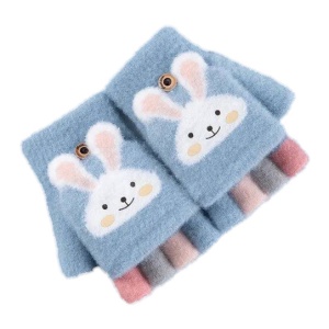 Manusi pentru copii, model cu degetele descoperite si capac decapotabil, prindere cu nasturel, accesorizate cu iepuras, manseta elastica, tematica cute bunny, marime 6 – 12 ani, albastre