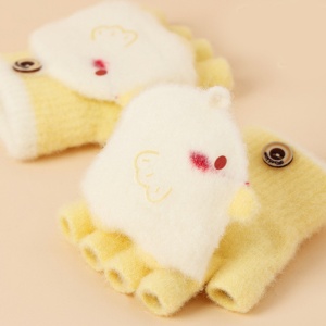 Manusi pentru copii, model cu degetele descoperite si capac decapotabil, prindere cu nasturel, accesorizate cu figurine vesele, tematica I love birds, unisex, marime 3 – 5 ani, galbene - Img 2