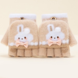 Manusi pentru copii, model cu degetele descoperite si capac decapotabil, prindere cu nasturel, accesorizate cu iepuras fashion, tematica winter style, unisex, marime 3 – 5 ani, bej - Img 3
