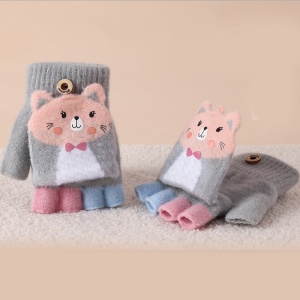 Manusi pentru copii, model cu degetele descoperite si capac decapotabil, prindere cu nasturel, accesorizate cu pisicute fashion, tematica I love cats, unisex, marime 7 – 9 ani, gri - Img 4