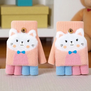 Manusi pentru copii, model cu degetele descoperite si capac decapotabil, prindere cu nasturel, accesorizate cu pisicute fashion, tematica I love cats, unisex, marime 7 – 9 ani, piersica - Img 3