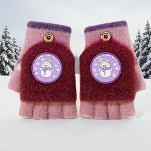 Manusi pentru copii, model cu degetele descoperite si capac decapotabil, prindere cu nasturel, accesorizate cu figurine vesele, tematica happy time, unisex, marime 7 – 12 ani, roz cu visiniu - Img 3