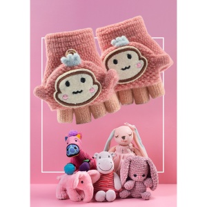 Manusi pentru copii, model cu degetele descoperite si capac decapotabil, prindere cu nasturel, accesorizate cu figurina haioasa, manseta elastica, tematica happy moments, marime 1 – 3 ani, roz inchis - Img 2