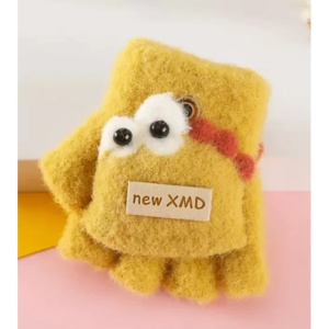 Manusi pentru copii, model cu degetele descoperite si capac decapotabil, prindere cu nasturel, accesorizate cu ochisori curiosi, manseta elastica, tematica funny dino, marime 0 – 3 ani, galbene - Img 3
