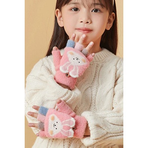 Manusi pentru copii, model cu degetele descoperite si capac decapotabil, prindere cu nasturel, accesorizate cu iepuras, manseta elastica, tematica cute bunny, marime 6 – 12 ani, roz inchis - Img 3