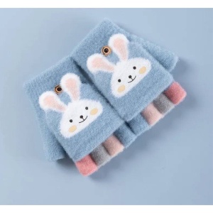 Manusi pentru copii, model cu degetele descoperite si capac decapotabil, prindere cu nasturel, accesorizate cu iepuras, manseta elastica, tematica cute bunny, marime 6 – 12 ani, albastre - Img 4