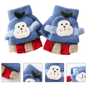 Manusi pentru copii, model cu degetele descoperite si capac decapotabil, prindere cu nasturel, accesorizate cu maimutica haioasa, manseta elastica, tematica happy winter, marime 3 – 6 ani, albastre - Img 3