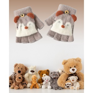 Manusi pentru copii, model cu degetele descoperite si capac decapotabil prindere cu nasture, manseta elastica, accesorizate cu puisor vesel, tematica happy winter, marime 1 – 5 ani, maro - Img 3