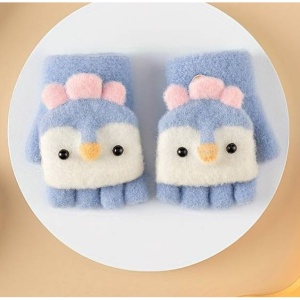 Manusi pentru copii, model cu degetele descoperite si capac decapotabil, accesorizate cu pinguini poznasi, tematica happy feet, marime 1 – 5 ani, albastre - Img 2