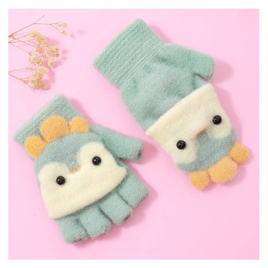 Manusi pentru copii, model cu degetele descoperite si capac decapotabil, accesorizate cu pinguini poznasi, tematica happy feet, marime 1 – 5 ani, verde deschis - Img 3