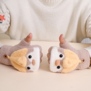 Manusi pentru copii, model cu degetele descoperite si capac decapotabil, prindere cu nasturel, accesorizate cu pinguin simpatic, tematica happy feet, unisex, marime 6 – 24 luni, maro - Img 2