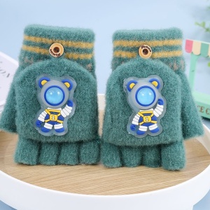 Manusi pentru copii, model cu degetele descoperite si capac decapotabil, prindere cu nasturel, accesorizate cu astronaut, tematica funny day, unisex, marime 4 – 10 ani, verde inchis - Img 4
