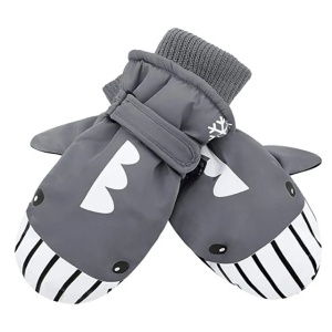 Manusi pentru copii, model cu un singur deget, manseta elastica si prindere reglabila, waterproof, imprimeu haios cu rechin prietenos, tematica let’s play outside, marime 5 – 12 ani, gri