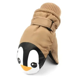 Manusi pentru copii, model cu un singur deget, manseta elastica si prindere reglabila, waterproof, imprimeu haios cu pinguin vesel, tematica let’s play outside, marime 5 – 12 ani, maro - Img 2