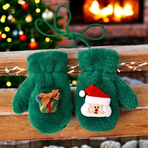 Manusi pentru copii, model super dragalas, moale si pufos, prinse cu snur intre ele, accesorizate cu figurine cute, tematica winter happy baby, 2 - 6 ani, verzi - Img 4