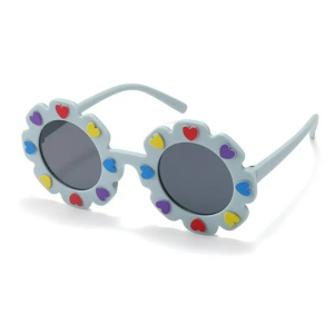 Ochelari de soare pentru copii, model pentru fetite, design floare cu petale in forma de inimioare, marime universala, albastri