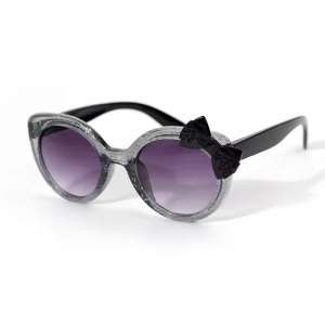 Ochelari de soare pentru fetite, model cu rama semitransparenta accesorizata cu fundita chic, tematica glitter summer, marime universala, negri