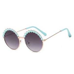Ochelari de soare pentru fetite, model rotund accesorizat cu floricele, tematica glamour summer, marime universala, albastri