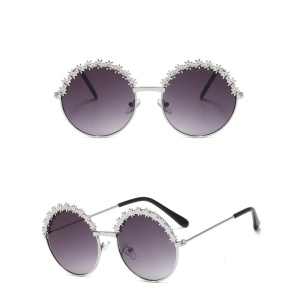 Ochelari de soare pentru fetite, model rotund accesorizat cu floricele, tematica glamour summer, marime universala, argintii - Img 3