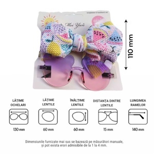 Ochelari de soare pentru fetite, set doua piese, model ursulet prietenos cu funda voluminoasa asortata, imprimeu delicat, tematica cute and fashion, roz cu mov - Img 4