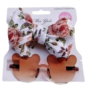 Ochelari de soare pentru fetite, set doua piese, model ursulet prietenos cu funda voluminoasa asortata, imprimeu delicat, tematica cute and fashion, maro - Img 2
