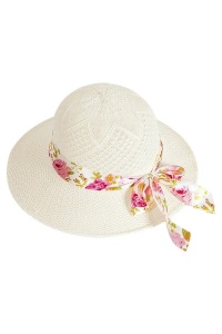 Palarie de dama, model elegant, accesorizat cu funda delicata imprimeu floral, tematica fashion summer, marime universala, alba