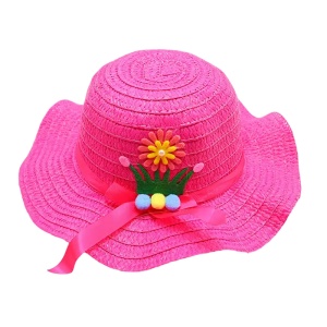 Palarie de soare, copii, model chic de vara pentru fetite, accesorizat cu flori si panglica, prindere sub barbie, margine ondulata, tematica cute summer, marime universala, roz aprins