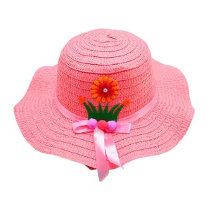 Palarie de soare, copii, model chic de vara pentru fetite, accesorizat cu flori si panglica, prindere sub barbie, margine ondulata, tematica cute summer, marime universala, roz