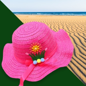 Palarie de soare, copii, model chic de vara pentru fetite, accesorizat cu flori si panglica, prindere sub barbie, margine ondulata, tematica cute summer, marime universala, roz aprins - Img 3